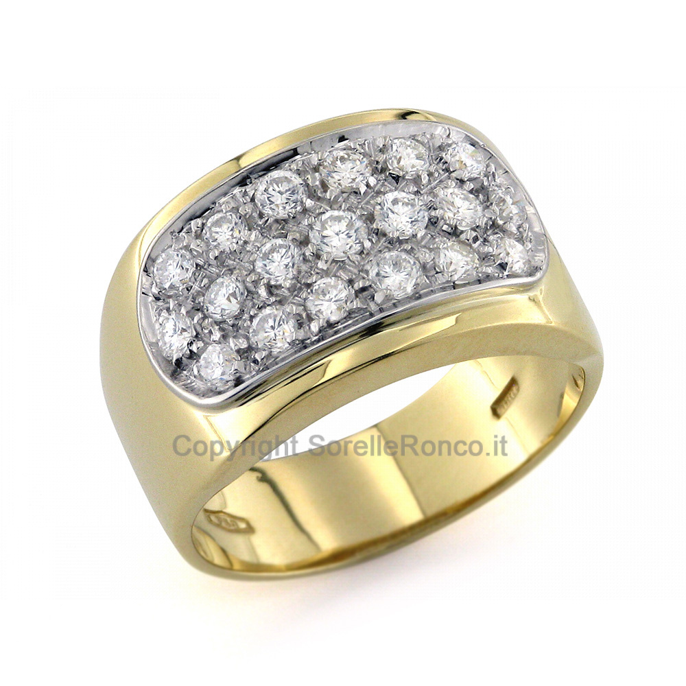 CF00780 - Anello Fascia in Oro Giallo e Bianco con Diamanti a Pavè